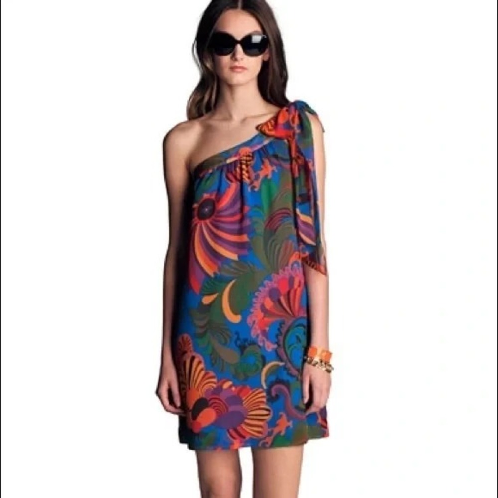 Banana‎ Republic Trina Turk Silk One Shoulder Dress Blue Tropical Women's 0 Chic